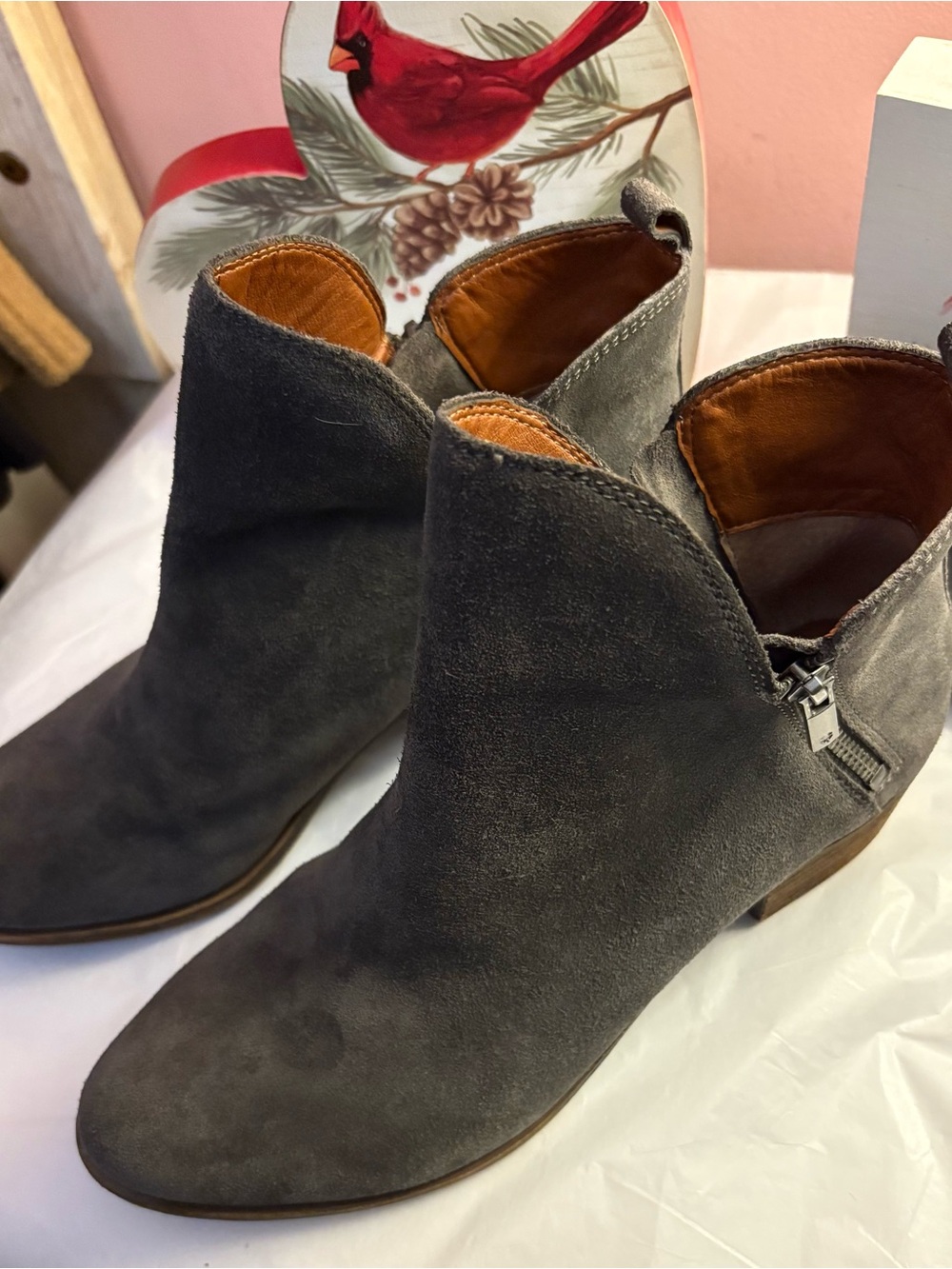 Lucky Brand Gray Suede Ankle Booties with Side Zip